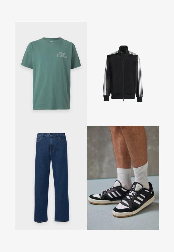 Juodas permatomas džemperis su užtrauktuku priekyje, turintis vientisas juodas rankoves ir tris baltas juostas ant rankų. Raukšlėtos rankogaliai ir apatinė dalis.; Žalia medvilninė marškinėliai su apvaliu iškirpimu, trumpomis rankovėmis ir balta "OBEY STUDIOS" logotipu kairiajame krūtinės šone. Minkšta tekstūra, kasdieniškas dizainas.; Tamsiai mėlynos tiesaus žandikaulio džinsai su priekinėmis kišenėmis ir mygtuko uždarymu, rodantys ant paprasto balto fono.; Juodos ir baltos sportinės bateliai su zomšiniu ir odiniu viršumi, su trimis baltomis juostelėmis, perforuota koja ir guminėmis padais.