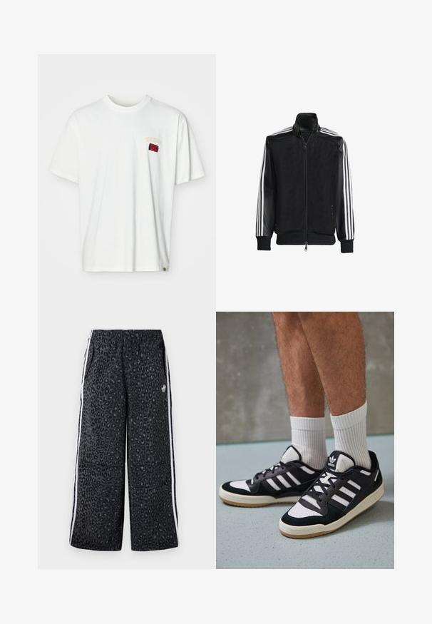 Juodas permatomas džemperis su užtrauktuku priekyje, turintis vientisas juodas rankoves ir tris baltas juostas ant rankų. Raukšlėtos rankogaliai ir apatinė dalis.; Balta medvilnės marškinėliai trumpomis rankovėmis, su mažai siuvinėtu logotipu raudonos ir geltonos spalvos prie kairiojo krūtinės. Apvalus iškirptės ir laisvas kirpimas.; adidas Originals GRAPHIC UNISEX - Treningo apatinė dalis - black; Juodos ir baltos sportinės bateliai su zomšiniu ir odiniu viršumi, su trimis baltomis juostelėmis, perforuota koja ir guminėmis padais.