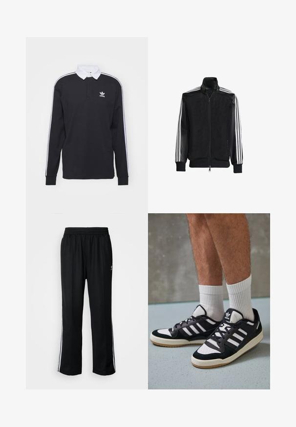 Jaqueta de malha preta com fecho zip, apresentando mangas pretas sólidas e três riscas brancas ao longo dos braços. Punhos e bainha canelados.; Camisa polo preta de manga longa com collar branco e três riscas brancas nas mangas; apresenta um logótipo Adidas bordado no peito.; Calças atléticas pretas com um cós elástico, apresentando riscas brancas laterais e um pequeno logótipo. O material parece macio e leve.; Ténis em preto e branco com upper em camurça e couro, apresentando três riscas brancas, um toe perfurado e uma sola em borracha de goma.