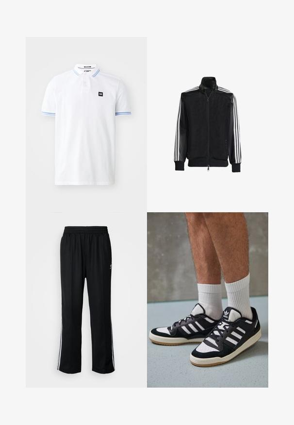 Jaqueta de malha preta com fecho zip, apresentando mangas pretas sólidas e três riscas brancas ao longo dos braços. Punhos e bainha canelados.; Camisa polo branca de algodão, com uma abertura de três botões, detalhes com riscas azuis nas mangas e um pequeno emblema preto.; Calças atléticas pretas com um cós elástico, apresentando riscas brancas laterais e um pequeno logótipo. O material parece macio e leve.; Ténis em preto e branco com upper em camurça e couro, apresentando três riscas brancas, um toe perfurado e uma sola em borracha de goma.