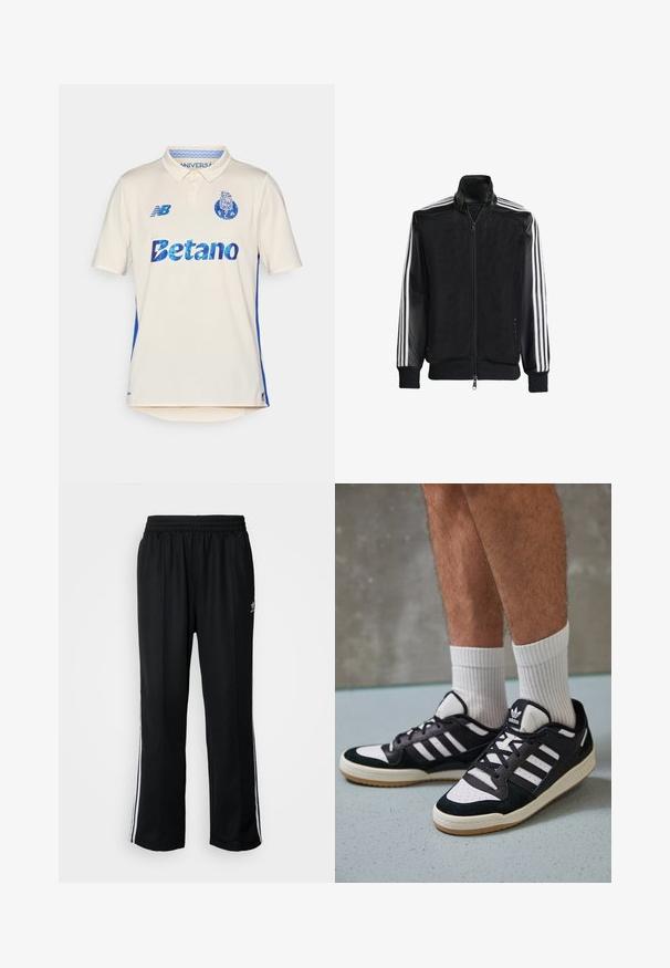 Juodas permatomas džemperis su užtrauktuku priekyje, turintis vientisas juodas rankoves ir tris baltas juostas ant rankų. Raukšlėtos rankogaliai ir apatinė dalis.; Grietos polo marškiniai su mėlynomis šoninėmis juostomis. Savybė: "Betano" logotipas mėlynos spalvos, tekstūruota medžiaga ir apykaklė. "New Balance" logotipas ant krūtinės.; Juodi sportiniai keliai su elastingu juosmeniu, su baltais šonais ir mažu logotipu. Atrodo, kad medžiaga yra minkšta ir lengva.; Juodos ir baltos sportinės bateliai su zomšiniu ir odiniu viršumi, su trimis baltomis juostelėmis, perforuota koja ir guminėmis padais.