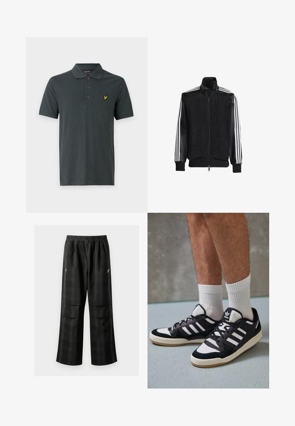 Černá síťovaná bunda na zip, s celými černými rukávy a třemi bílými pruhy podél rukávů. Hladké manžety a lem.; Polo tričko v tmavě šedé bavlně s klasickým límcem, s třemi knoflíky a malým vyšitým žlutým logem na levé hrudi.; Černé kostkované kalhoty s elastickým pasem, dvěma předními kapsami a volným střihem se rovnými nohavicemi. Vyrobeny z lehkého materiálu.; Černobílé tenisky s vrchní částí z semišové a kožené kůže, včetně tří bílých pruhů, perforovaného špičky a podrážky z gumy.
