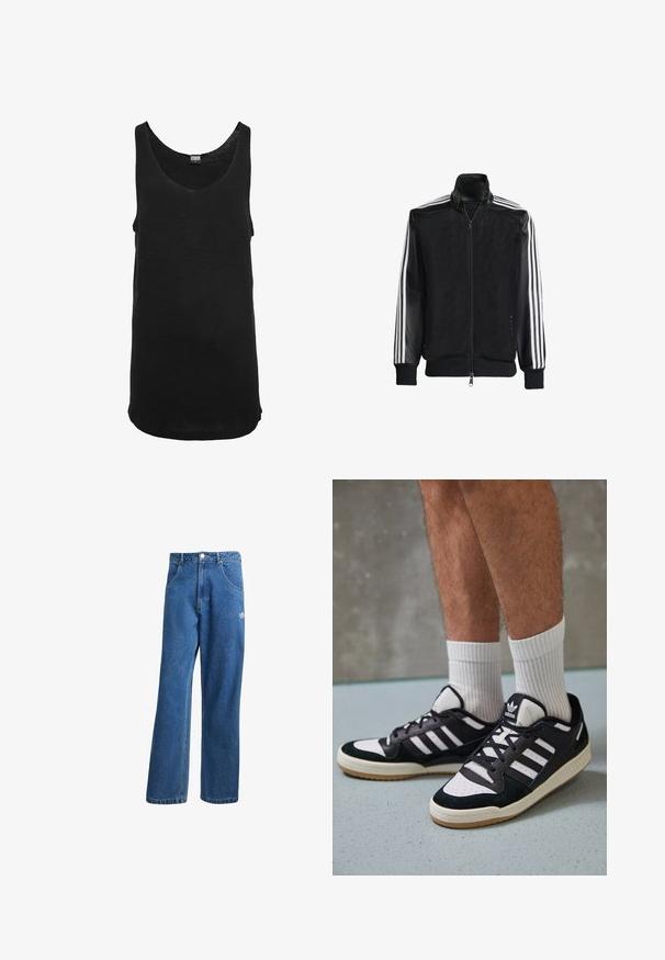 Jachetă din plasă neagră, cu fermoar față, având mâneci negre solide și trei dungi albe pe brațe. Manșete și tiv cu nervuri.; Maiou negru dintr-un material ușor, cu decolteu rotund și design fără mâneci. Prezintă un tiv dreapt și detalii de cusătură minime.; Jeans din denim cu talie înaltă, cu picioare largi, de culoare albastră, cu buzunare frontale, bucle pentru centură, închidere cu nasture și un mic logo Adidas pe coapsa dreaptă.; Adidași negri și albi cu un superior din suede și piele, prevăzuți cu trei dungi albe, un vârf perforat și o talpă din cauciuc caramel.