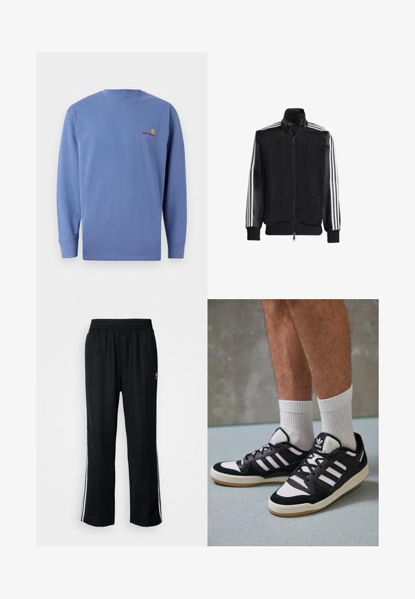 Zwarte maillotjas met een rits aan de voorkant, met stevige zwarte mouwen en drie witte strepen langs de armen. Geribbelde manchetten en zoom.; Blauwe langarm t-shirt van katoen, met een ronde hals en een klein rood geborduurd logo op de borst. Eenvoudig ontwerp.; Zwarte sportbroeken met een elastische tailleband, voorzien van witte zijkanten en een klein logo. Het materiaal lijkt zacht en lichtgewicht te zijn.; Zwart-witte sneakers met een bovenwerk van suede en leer, voorzien van drie witte strepen, een geperforeerde neus en een rubberen gumzool.