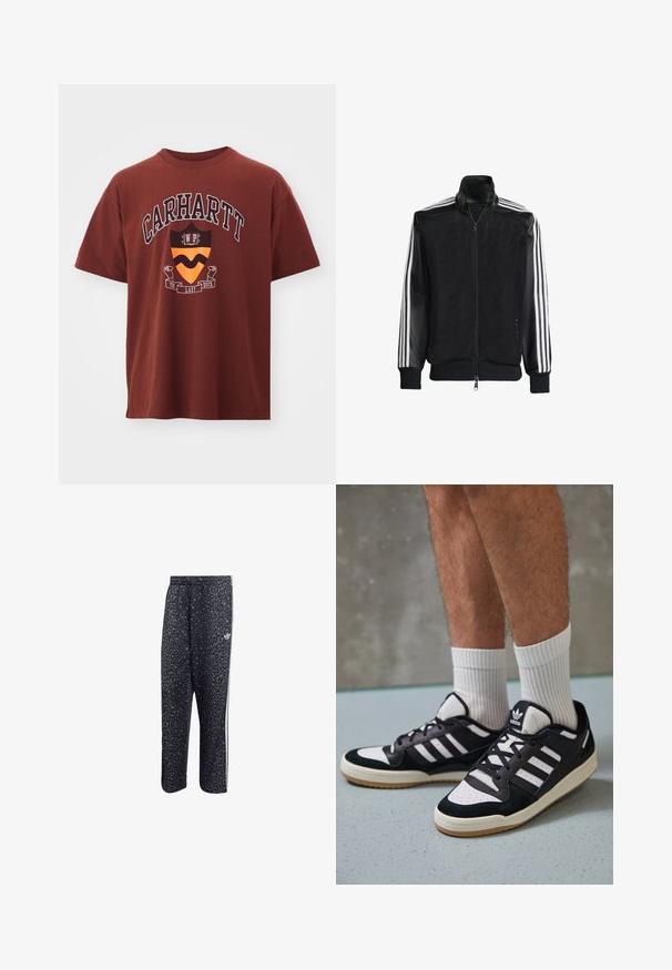 Black mesh jacket with a zip front, featuring solid black sleeves and three white stripes along the arms. Ribbed cuffs and hem.; Maroon cotton t-shirt with short sleeves. Features a graphic print including "Carhartt" text and a shield design in orange and black.; Black athletic pants with a leopard print pattern, featuring a white three-stripe design and an athletic brand logo on the side.; Black and white sneakers with a suede and leather upper, featuring three white stripes, a perforated toe, and a gum rubber sole.