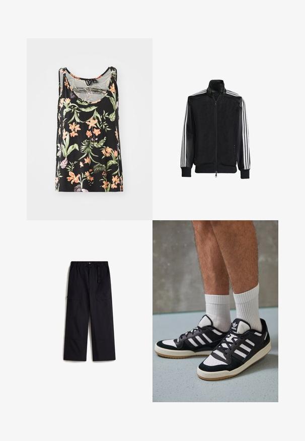 Chaqueta de malla negra con cierre de cremallera en la parte delantera, que presenta mangas negras sólidas y tres rayas blancas a lo largo de los brazos. Puños y dobladillo acanalados.; Camiseta sin mangas negra con un patrón floral de flores rosas y naranjas y hojas verdes. Tejido suave con un corte relajado.; Pantalones cargo negros con una cintura elástica, cinturón ajustable y dos bolsillos laterales. Hechos de una tela ligera y texturizada.; Zapatillas en blanco y negro con parte superior de ante y cuero, que presentan tres franjas blancas, una puntera perforada y una suela de goma.