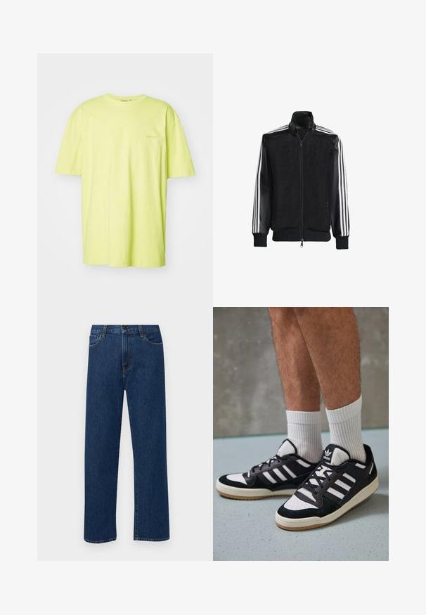 Crna mrežasta jakna s patentnim zatvaračem sprijeda, koja ima čvrste crne rukave i tri bijele pruge duž ruku. Riblje manžetne i rub.; Kratki rukav majica u svijetloj žutoj pamučnoj boji, s okruglim izrezom i suptilnim logotipom na lijevoj strani prsnog koša. Glatka tekstura, opuštena kroja.; Tamno plave traperice ravnog kroja s prednjim džepovima i kopčanjem na dugme, prikazane na jednostavnoj bijeloj pozadini.; Crne i bijele tenisice s gornjim dijelom od antilopa i kože, s tri bijele pruge, perforiranim prstom i gumiranim potplatom.