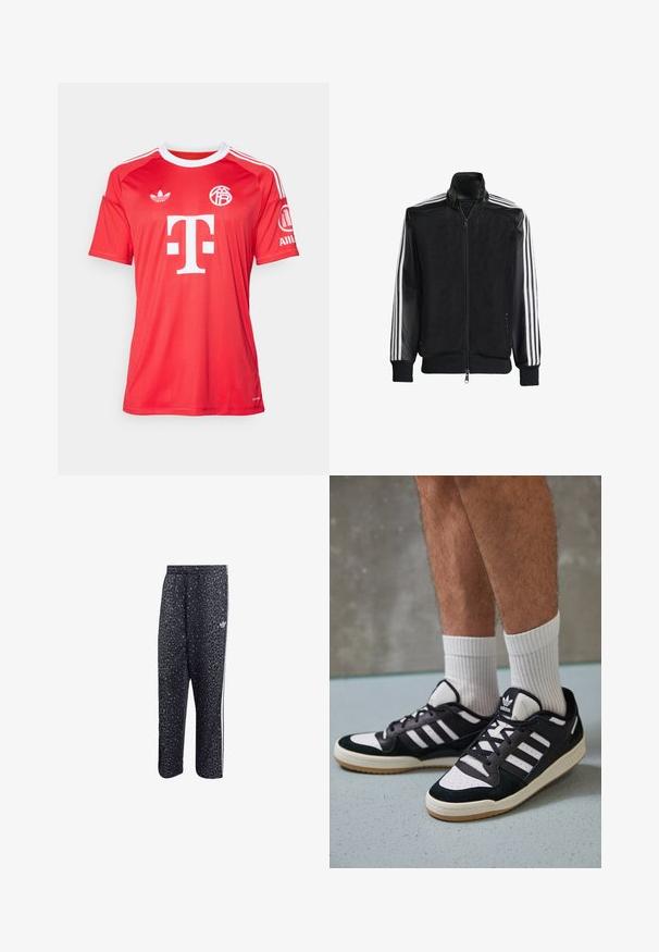 Veste en maille noire avec fermeture éclair à l'avant, présentant des manches noires unies et trois rayures blanches le long des bras. Poignets et ourlet côtelés.; adidas Performance FC BAYERN 2025/2026 THIRD GOALKEEPER JERSEY - Article de supporter d'équipe de club - pure ruby; Pantalons de sport noirs avec un motif léopard, présentant un design à trois rayures blanches et un logo de marque de sport sur le côté.; Baskets noir et blanc avec une tige en suède et cuir, comportant trois rayures blanches, un bout perforé et une semelle en caoutchouc gum.