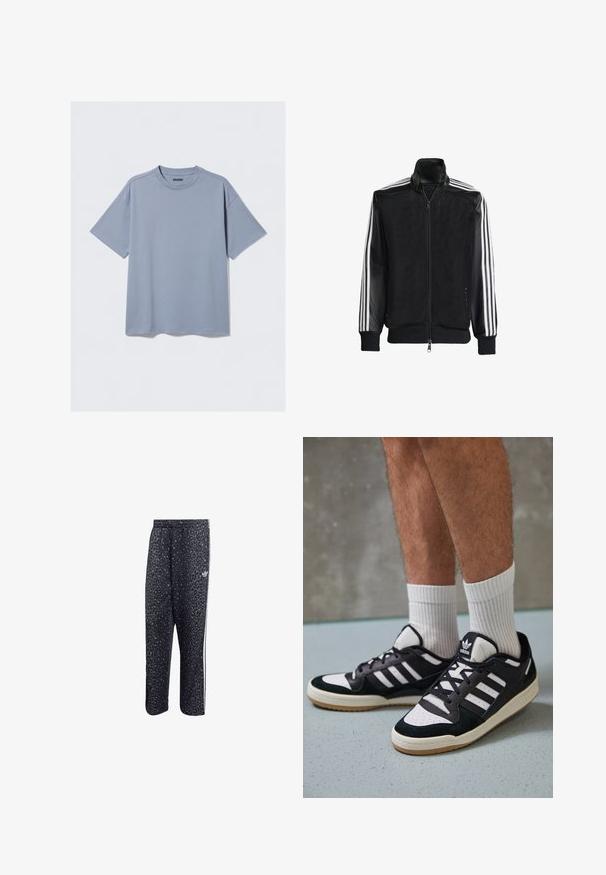 Fekete hálós dzseki, elöl cipzárral, amelynek egyszínű fekete ujjai és három fehér csíkja van a karokon. Rugalmas mandzsetták és derék.; Világoskék, rövidujjú póló sima pamutból, lekerekített nyakkivágással és laza fazonnal; minimalista varrási részletekkel rendelkezik.; Fekete sportnadrág leopárdmintával, fehér háromsávos dizájnnal és egy sportmárka logójával az oldalon.; Fekete-fehér tornacipők velúr és bőr felsőrésszel, három fehér csíkkal, perforált orral és gumi talppal.