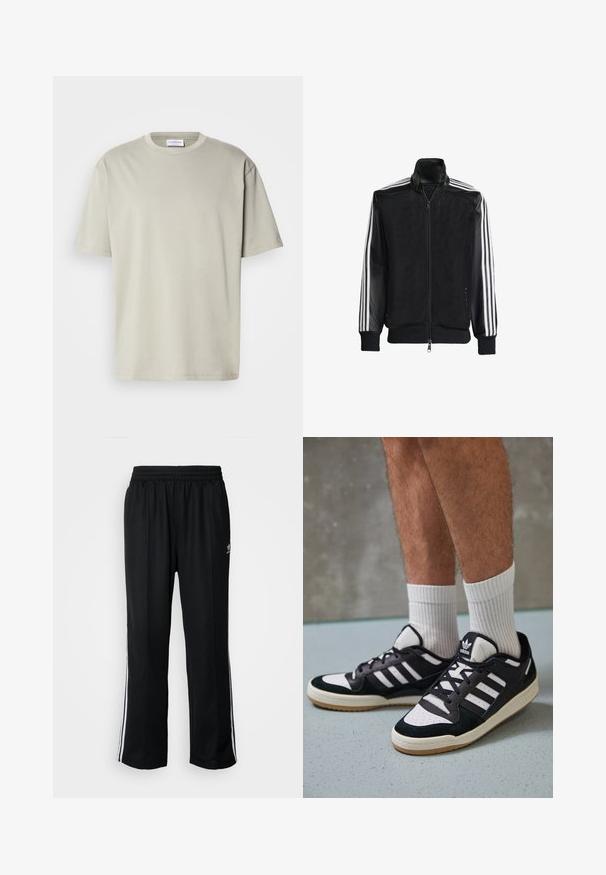 Melna režģa jakas ar rāvējslēdzēja priekšpusi, kam ir viendabīgas melnas piedurknes un trīs baltas svītras gar rokām. Ribota aproce un apakša.; Gaišpelēka kokvilnas t-kreklis ar apaļu kakla izgriezumu, īsām piedurknēm un brīvu piegriezumu. Gluda tekstūra un vienkāršs dizains, bez rakstiem vai akcentiem.; Melni sporta bikses ar elastīgu jostas vietu, kurām ir baltas sānu svītras un neliels logotips. Materiāls izskatās mīksts un viegls.; Melnas un baltas kedas ar zamša un ādas augšdaļu, kas aprīkotas ar trim baltām svītrām, perforētu purngali un gumijas zolēm.