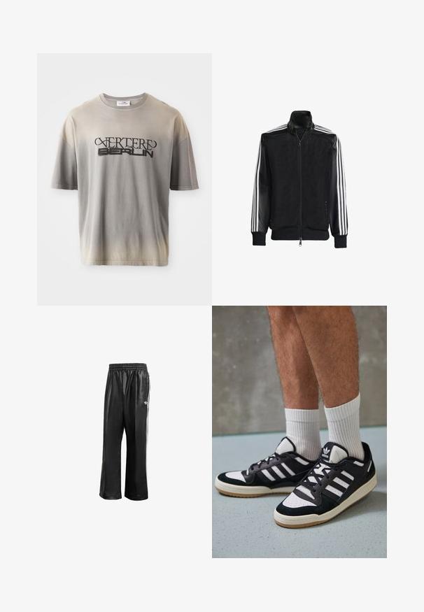 Juodas permatomas džemperis su užtrauktuku priekyje, turintis vientisas juodas rankoves ir tris baltas juostas ant rankų. Raukšlėtos rankogaliai ir apatinė dalis.; Pilkos spalvos gradientinis marškinėliai trumpomis rankovėmis, su juodu spaudiniu „VERTERE BERLIN“ stilizuotu šriftu, minkšta tekstūra ir laisvu kirpimu.; Juodos sintetinių medžiagų treniruočių kelnės su elastingu juosmeniu, su baltomis šoninėmis juostelėmis ir mažuoju baltu logotipu kairėje klubo pusėje.; Juodos ir baltos sportinės bateliai su zomšiniu ir odiniu viršumi, su trimis baltomis juostelėmis, perforuota koja ir guminėmis padais.