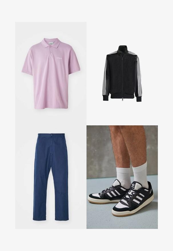 Schwarze Mesh-Jacke mit Reißverschluss vorne, die aus einem einfarbigen schwarzen Ärmeln und drei weißen Streifen an den Armen besteht. Gerippte Bündchen und Saum.; Helllila Polohemd mit einer Dreiknopf-Leiste, kurzen Ärmeln und einem kleinen weißen gestickten Logo auf der Brust. Aus Baumwollmaterial.; Marineblau, gerade geschnittene Hose aus Baumwolle. Mit einem Frontknopfverschluss und subtiler Textur, sowie Seitentaschen und Gürtelschlaufen.; Schwarz-weiße Sneaker mit einem Obermaterial aus Wildleder und Leder, ausgestattet mit drei weißen Streifen, einer perforierten Zehenpartie und einer Sohle aus Gummi.