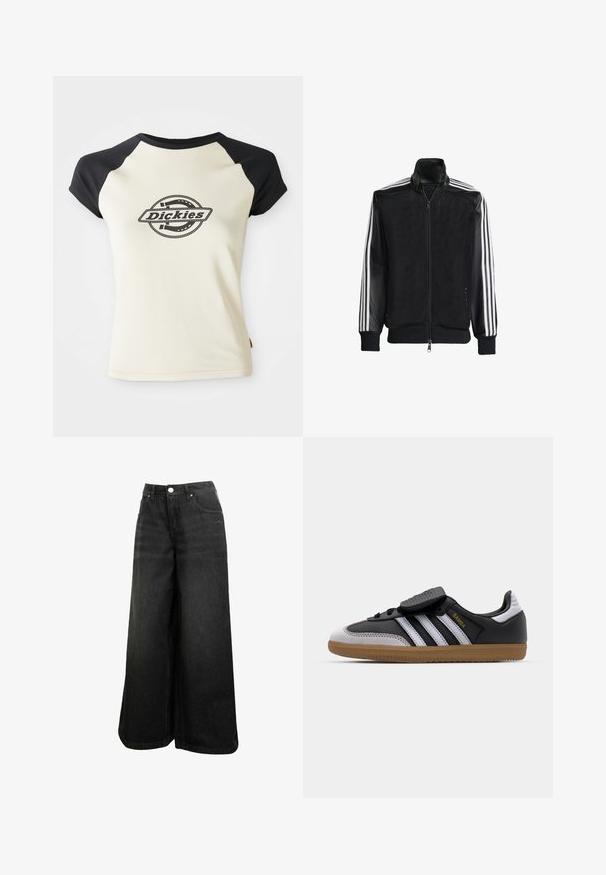 Svart mesh-jakke med glidelås foran, med solide svarte ermer og tre hvite striper langs armene. Ribbestrikkede mansjetter og nederkant.; Krem T-skjorte med svarte raglanermer, med en sirkulær logo med teksten "Dickies" i midten, på en hvit bakgrunn.; Sorte vidde denim jeans med høy midje, frontknapp, lommer og subtilt logo på frontlommen.; Svart lær og grå semsket sneakers med hvite striper, gummisåle, snøring foran, og borrelås. Har "Samba" merke i gull.