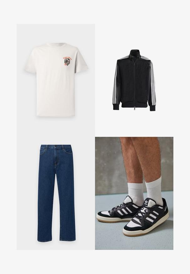Svart mesh-jakke med glidelås foran, med solide svarte ermer og tre hvite striper langs armene. Ribbestrikkede mansjetter og nederkant.; Lys beige bomull t-skjorte med rund hals, korte ermer, og et svart hundegrafikk med "RIDE the RAILS" i oransje tekst.; Mørkeblå rette jeans i denim med frontlommer og knappelukking, vist på en enkel hvit bakgrunn.; Sorte og hvite sneakers med overdel i semsket skinn og lær, med tre hvite striper, perforert tå og en såle av gummi.