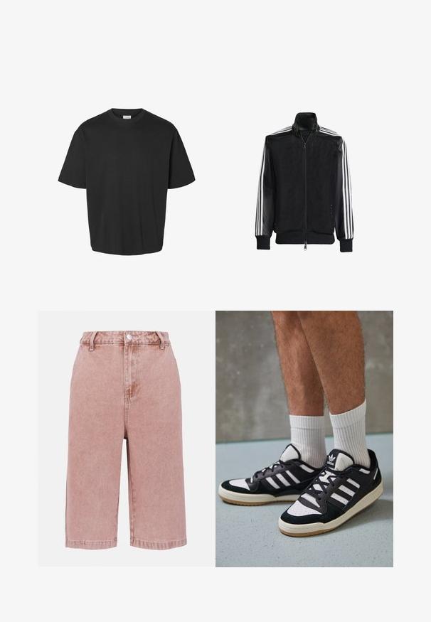 Svart mesh-jakke med glidelås foran, med solide svarte ermer og tre hvite striper langs armene. Ribbestrikkede mansjetter og nederkant.; Svart kortermet t-skjorte laget av myk bomull. Har en avslappet passform, rund hals og et enkelt design uten synlige mønstre eller detaljer.; Rosa denimculotter med høy midje, frontlukking med knapper og kort lengde. Har beltehemper og sydd detaljering langs sømmene.; Sorte og hvite sneakers med overdel i semsket skinn og lær, med tre hvite striper, perforert tå og en såle av gummi.