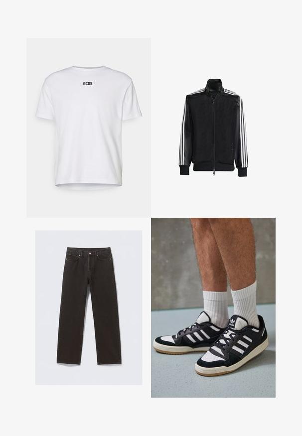 Čierna sieťovaná bunda so zipsom vpredu, s pevnými čiernymi rukávmi a tromi bielymi pruhmi po stranách rukávov. Žebrované manžety a spodný lem.; Biela bavlnená tričko s krátkymi rukávmi, s okrúhlym výstrihom a čiernym logom "GCDS" vytlačeným na chrbte. Jednoduchý, nezdobený dizajn.; Čierne džíny z denimového materiálu so strihom rovného nohavice, piatimi vreckami a meďou sfarbeným prešívaním. Hladká textúra, klasické zapínanie na gombík v páse.; Čierno-biele tenisky s vrchom z semišu a kože, s troma bielymi pruhmi, perforovanou špičkou a gumovou podrážkou.