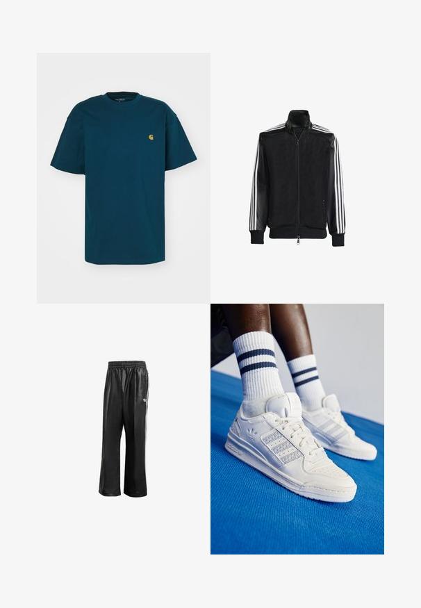 Musta verkkomantteli, jossa on vetoketjulla suljettava etuosa, mustat hihat ja kolme valkoista raitaa käsivarsilla. Ribbaatut hihansuut ja helma.; Carhartt WIP CHASE - T-paita - duck blue/gold; Mustat synteettiset juoksuhousut, joissa on joustava vyötärö, valkoiset sivusuunnassa olevat raidat ja pieni valkoinen logo vasemmassa lantiossa.; Valkoiset nahkasneakerit, joissa on rei'itetyt korostukset, kolme metallista raitaa ja teksturoitu sivupaneeli. Yhdistetty valkoisiin sukkiin, joissa on sinisiä raitoja.