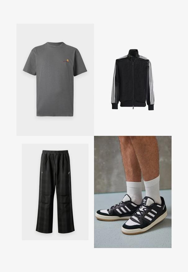 Schwarze Mesh-Jacke mit Reißverschluss vorne, die aus einem einfarbigen schwarzen Ärmeln und drei weißen Streifen an den Armen besteht. Gerippte Bündchen und Saum.; Graues T-Shirt mit kurzen Ärmeln aus Baumwolle; verfügt über ein dezentes Logo in Orange und Burgunderrot auf der Brust. Einfaches Rundhalsausschnitt-Design.; Schwarze karierte Hosen mit elastischem Bund, zwei Fronttaschen und lockerer Passform im geraden Beinschnitt. Hergestellt aus leichtem Material.; Schwarz-weiße Sneaker mit einem Obermaterial aus Wildleder und Leder, ausgestattet mit drei weißen Streifen, einer perforierten Zehenpartie und einer Sohle aus Gummi.