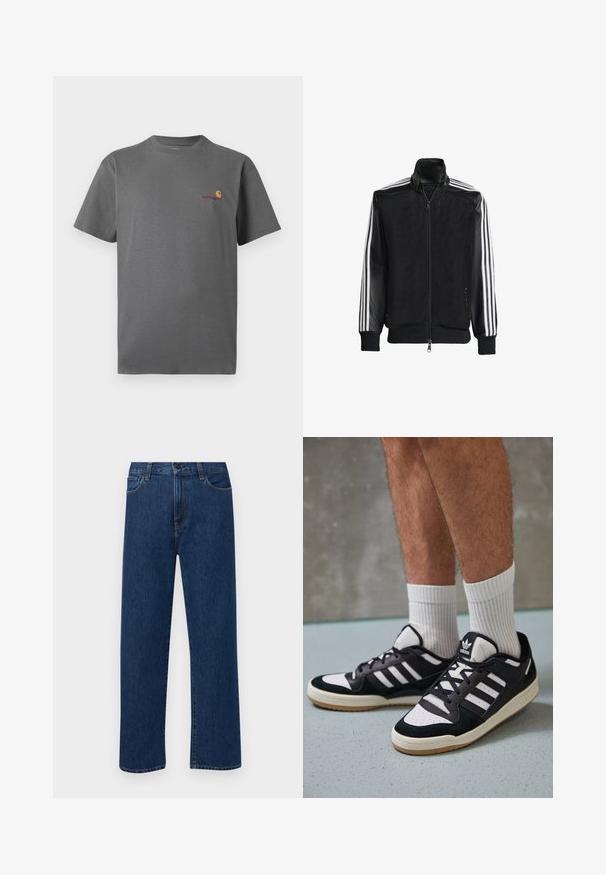 Svart mesh-jakke med glidelås foran, med solide svarte ermer og tre hvite striper langs armene. Ribbestrikkede mansjetter og nederkant.; Grå t-skjorte med korte ermer laget av bomull; har en subtil logo i oransje og burgunder på brystet. Enkel design med rund hals.; Mørkeblå rette jeans i denim med frontlommer og knappelukking, vist på en enkel hvit bakgrunn.; Sorte og hvite sneakers med overdel i semsket skinn og lær, med tre hvite striper, perforert tå og en såle av gummi.