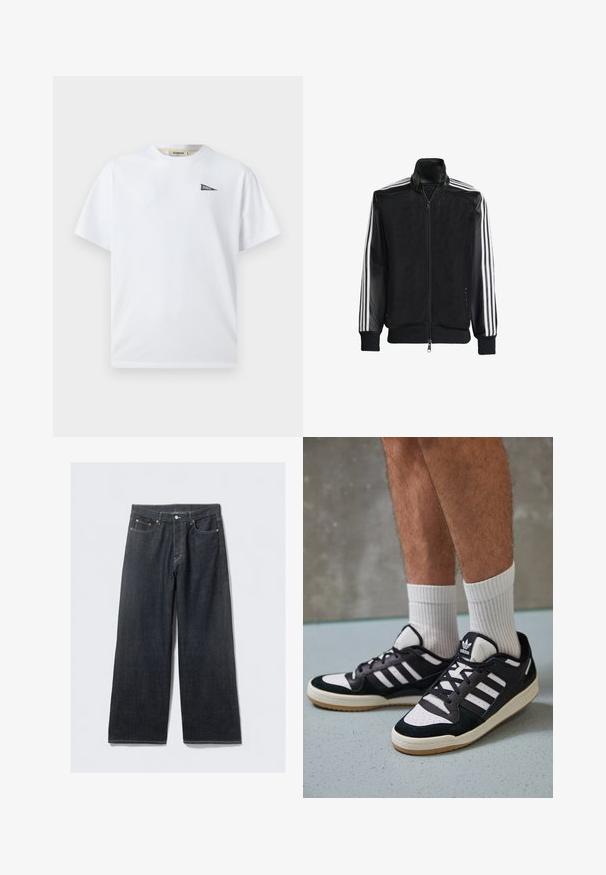 Melna režģa jakas ar rāvējslēdzēja priekšpusi, kam ir viendabīgas melnas piedurknes un trīs baltas svītras gar rokām. Ribota aproce un apakša.; Balts kokvilnas T-krekls ar mazu melnu trīsstūra logotipu kreisajā krūtīs. Īsas piedurknes un apaļa kakla izgriezums, brīvs piegriezums.; Tumši džinsu platmalu bikses ar augsto jostasvietu, ar vara tonī krāsu kniedēm un kontrastējošu šuvumu, gluda tekstūra un bez redzamām rakstu apdrukām.; Melnas un baltas kedas ar zamša un ādas augšdaļu, kas aprīkotas ar trim baltām svītrām, perforētu purngali un gumijas zolēm.