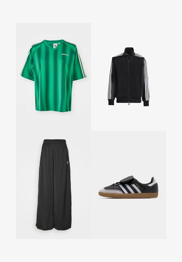 Melna režģa jakas ar rāvējslēdzēja priekšpusi, kam ir viendabīgas melnas piedurknes un trīs baltas svītras gar rokām. Ribota aproce un apakša.; Zaļa svītrainā Adidas krekls ar V veida kakla izgriezumu, īsām piedurknēm, trim baltām plecu svītrām un mazu logotipu uz krūtīm. Gluda tekstūra.; Melni brīvi pieguļoši sporta bikses, kas izgatavotas no maigas auduma. Iespējas ietver elastīgu jostasvietu un sānu svītras ar logo akcentiem.; Melnā ādas un pelēkā zamša kedas ar baltām svītrām, gumijas zole, aukliņu aizdare priekšā un Velcro josta. Satur "Samba" zīmolu zeltā.