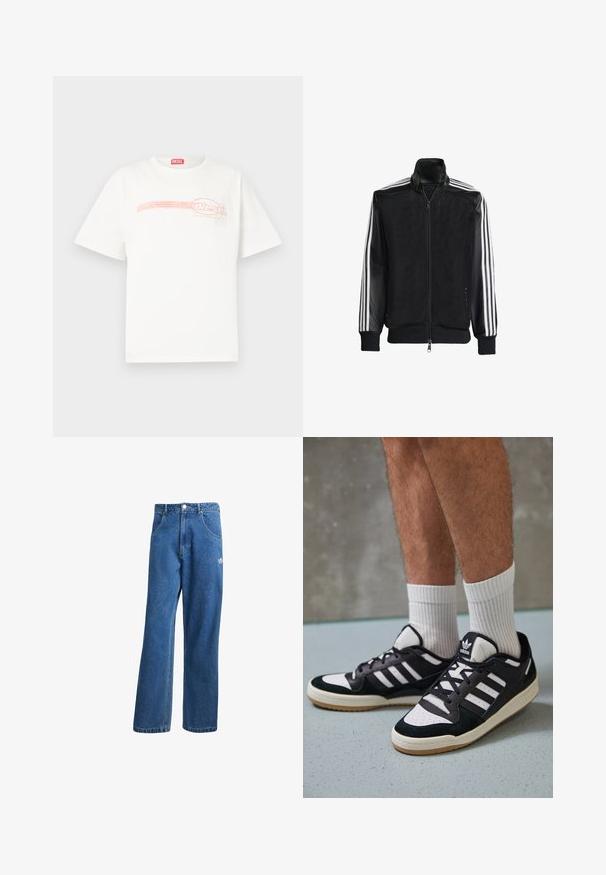 Must mustriga jope, millel on lukuga eesosa, ning mustad varrukad ja kolm valget triipu varrukate ääres. Ribaelastne mansett ja allääre.; Valge puuvillane T-särk, mis on laia lõikega, rinnal on roosa ja kollane graafiline logo kujundus. Klassikaline ümmargune kaelus, lühikesed varrukad.; Sinine kõrge vöökohaga avar jakkidega teksapükse, millel on ees taskud, vöökoharingid, nupuga sulgemine ja väike Adidas'i logo paremal reiel.; Mustvalged ja valged spordijalatsid, mille pealmine osa on valmistatud suede'ist ja nahast. Kingadel on kolm valget riba, auguline varvas ja kummist tald.