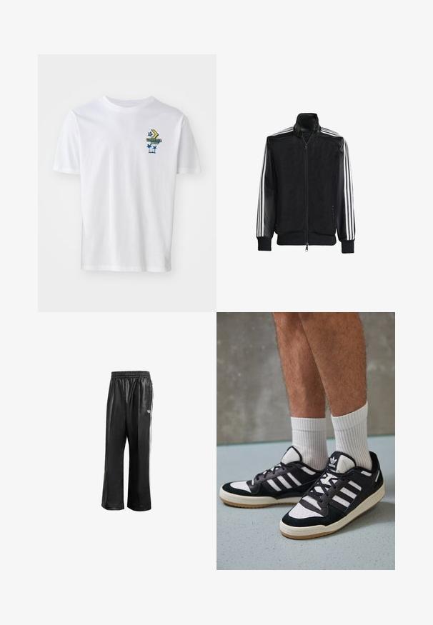 Jaqueta de malha preta com fecho zip, apresentando mangas pretas sólidas e três riscas brancas ao longo dos braços. Punhos e bainha canelados.; T-shirt de algodão branco com uma impressão gráfica com o texto 'CONVERSE MOTEL', uma estrela e palmeiras em tons de azul e amarelo. Mangas curtas.; Calças de treino sintéticas pretas com um cós elástico, apresentando riscas laterais brancas e um pequeno logótipo branco no quadril esquerdo.; Ténis em preto e branco com upper em camurça e couro, apresentando três riscas brancas, um toe perfurado e uma sola em borracha de goma.