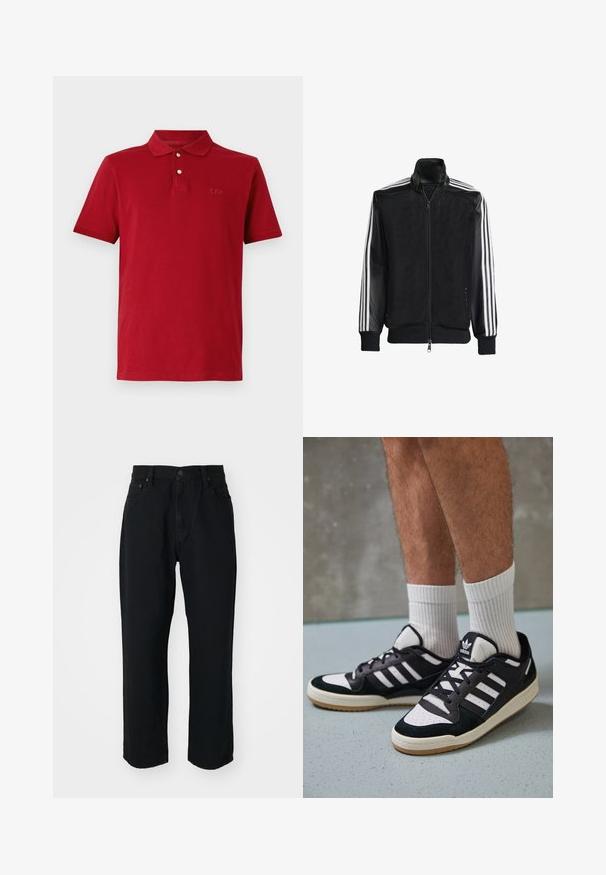 Černá síťovaná bunda na zip, s celými černými rukávy a třemi bílými pruhy podél rukávů. Hladké manžety a lem.; Červená bavlněná polo košile s klasickým límečkem, krátkými rukávy a jemně vyšitým logem na hrudi. Hladká textura.; Černé džíny z denimu s rovnými nohavicemi, lehkou texturou, designem s pěti kapsami a zapínáním na knoflík v pase.; Černobílé tenisky s vrchní částí z semišové a kožené kůže, včetně tří bílých pruhů, perforovaného špičky a podrážky z gumy.