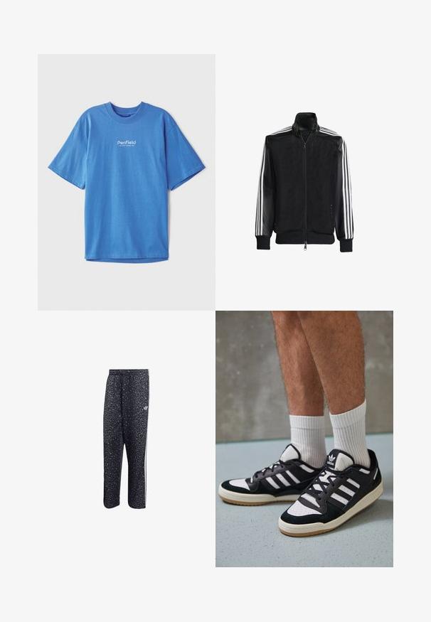 Must mustriga jope, millel on lukuga eesosa, ning mustad varrukad ja kolm valget triipu varrukate ääres. Ribaelastne mansett ja allääre.; Sügavsinine puuvillane T-särk lühikeste varrukatega ja ümaral õlavarre avaga. Ees on valge "Penfield" logo. Sile ja hingav tekstuur.; Mustadmustelised spordipüksid, millel on leopardimuster, valged kolmerealised triibud ja kerge brändi logo külgedel.; Mustvalged ja valged spordijalatsid, mille pealmine osa on valmistatud suede'ist ja nahast. Kingadel on kolm valget riba, auguline varvas ja kummist tald.