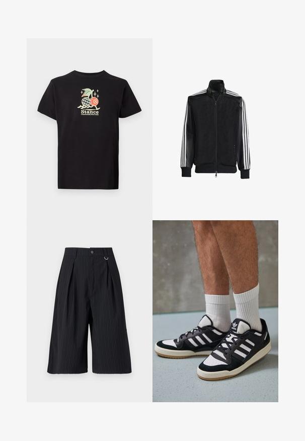 Black mesh jacket with a zip front, featuring solid black sleeves and three white stripes along the arms. Ribbed cuffs and hem.; Black cotton t-shirt featuring a colorful graphic print with a pineapple and cherries, text reads "Stance Community Run Club." Short sleeves.; Black pinstripe shorts with pleats, a button closure, and a metal ring accent. Smooth fabric with a tailored fit and knee-length design.; Black and white sneakers with a suede and leather upper, featuring three white stripes, a perforated toe, and a gum rubber sole.
