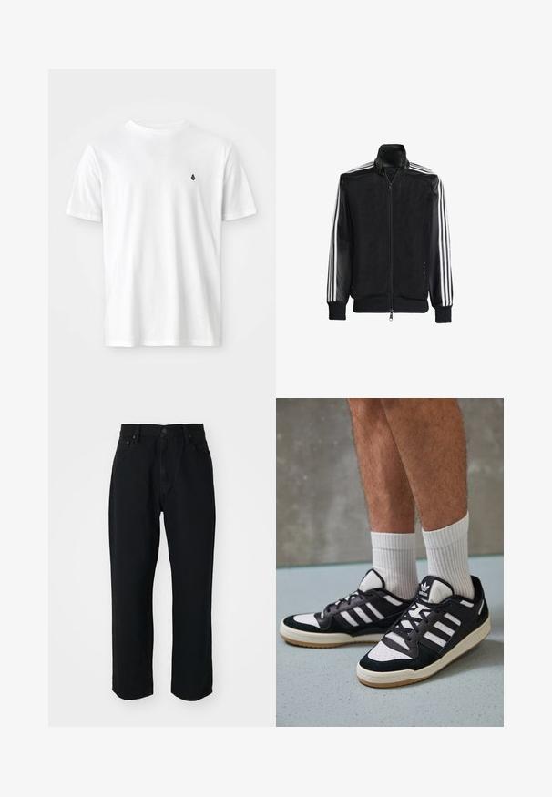 Schwarze Mesh-Jacke mit Reißverschluss vorne, die aus einem einfarbigen schwarzen Ärmeln und drei weißen Streifen an den Armen besteht. Gerippte Bündchen und Saum.; Weißes Baumwoll-T-Shirt mit klassischem Rundhalsausschnitt, kurzen Ärmeln und kleinem schwarzem Logo auf der linken Brust. Sanfte Textur, lässiger Schnitt.; Schwarze Denim-Jeans mit geradem Schnitt, leichtem Material, fünf Taschen und Knopfverschluss an der Taille.; Schwarz-weiße Sneaker mit einem Obermaterial aus Wildleder und Leder, ausgestattet mit drei weißen Streifen, einer perforierten Zehenpartie und einer Sohle aus Gummi.