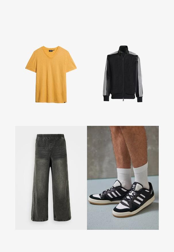 Czarna siateczkowa kurtka z zamkiem z przodu, z jednolitymi czarnymi rękawami i trzema białymi paskami wzdłuż ramion. Prążkowane mankiety i dół.; Żółta koszulka polo z dekoltem w serek, wykonana z miękkiego, teksturowanego materiału. Krótkie rękawy i luźny krój. Posiada małą metkę marki na dolnej stronie.; Czarne spodnie dżinsowe z efektem przetarcia, z elastycznym pasem i szerokimi nogawkami, z delikatnymi pionowymi szwami po bokach.; Czarno-białe sneakersy z zamszową i skórzaną cholewką, z trzema białymi paskami, perforowanym czubkiem i gumową podeszwą w kolorze gumy.