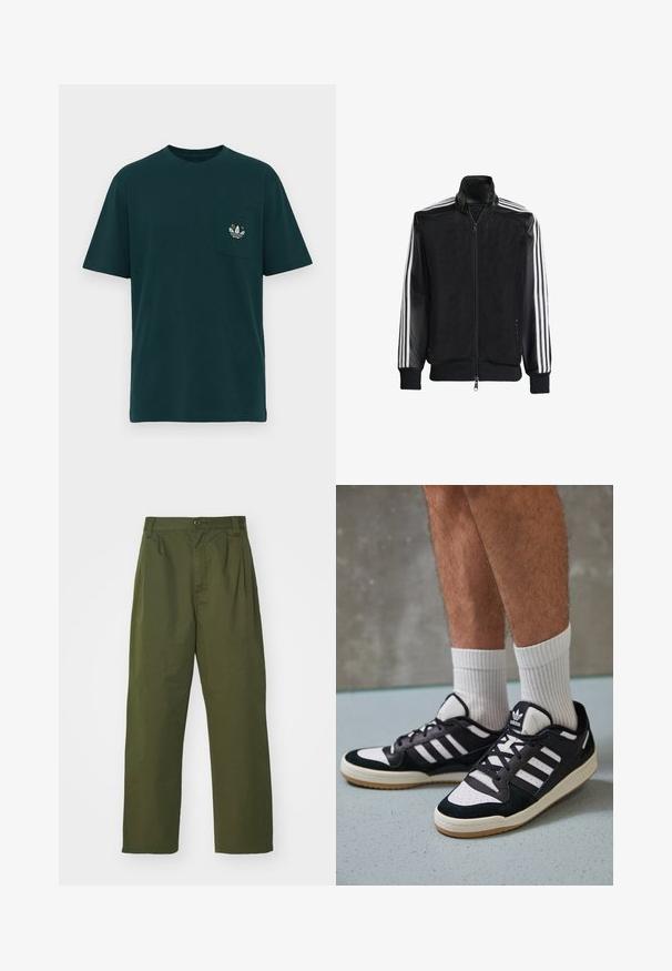 Černá síťovaná bunda na zip, s celými černými rukávy a třemi bílými pruhy podél rukávů. Hladké manžety a lem.; Tmavě zelené bavlněné tričko s kulatým výstřihem, krátkými rukávy a náprsní kapsou s multikulturním vyšitým logem.; Olivově zelené kalhoty s vysokým pasem a rovnými nohavicemi. Vyrobené z lehkého materiálu, s předními sklady a knoflíkovým zapínáním.; Černobílé tenisky s vrchní částí z semišové a kožené kůže, včetně tří bílých pruhů, perforovaného špičky a podrážky z gumy.