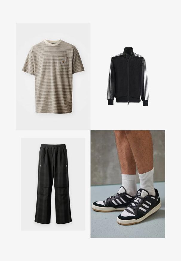 Must mustriga jope, millel on lukuga eesosa, ning mustad varrukad ja kolm valget triipu varrukate ääres. Ribaelastne mansett ja allääre.; Lühikeste varrukatega triibuline t-särk beežikaspruuni värviga, millel on ümmargune kaelus ja rinnatasku logoga. Tekstuuriga kangas.; Mustas ruudulised püksid, millel on elastne vöökoht, kaks esimest taskut ja laiem lõige sirge jala disainiga. Valmistatud kergest materjalist.; Mustvalged ja valged spordijalatsid, mille pealmine osa on valmistatud suede'ist ja nahast. Kingadel on kolm valget riba, auguline varvas ja kummist tald.