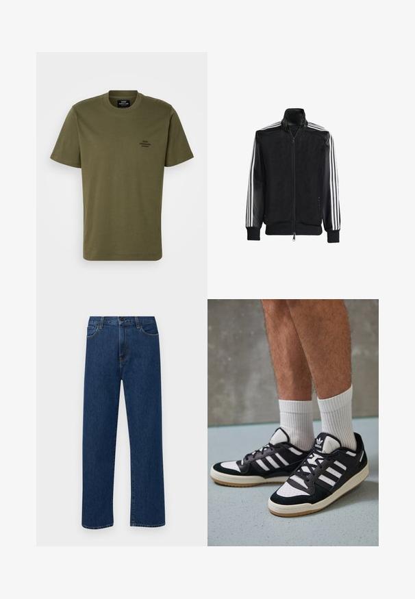 Čierna sieťovaná bunda so zipsom vpredu, s pevnými čiernymi rukávmi a tromi bielymi pruhmi po stranách rukávov. Žebrované manžety a spodný lem.; Olivovo zelené tričko s krátkym rukávom vyrobené z bavlny, s okrúhlym výstrihom a malým vyšívaným logom na ľavom prsníku. Hladká textúra.; Tmavomodré rovné rifľové nohavice s prednými vreckami a zapínaním na gombík, vystavené na jednoduchom bielom pozadí.; Čierno-biele tenisky s vrchom z semišu a kože, s troma bielymi pruhmi, perforovanou špičkou a gumovou podrážkou.