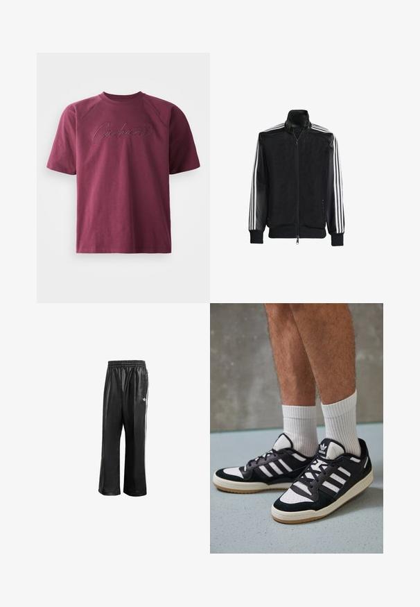 Black mesh jacket with a zip front, featuring solid black sleeves and three white stripes along the arms. Ribbed cuffs and hem.; Burgundy cotton T-shirt with short raglan sleeves and a textured "Carhartt" logo embroidered in a contrasting shade on the front.; Black synthetic track pants with an elastic waistband, featuring white side stripes and a small white logo on the left hip.; Black and white sneakers with a suede and leather upper, featuring three white stripes, a perforated toe, and a gum rubber sole.