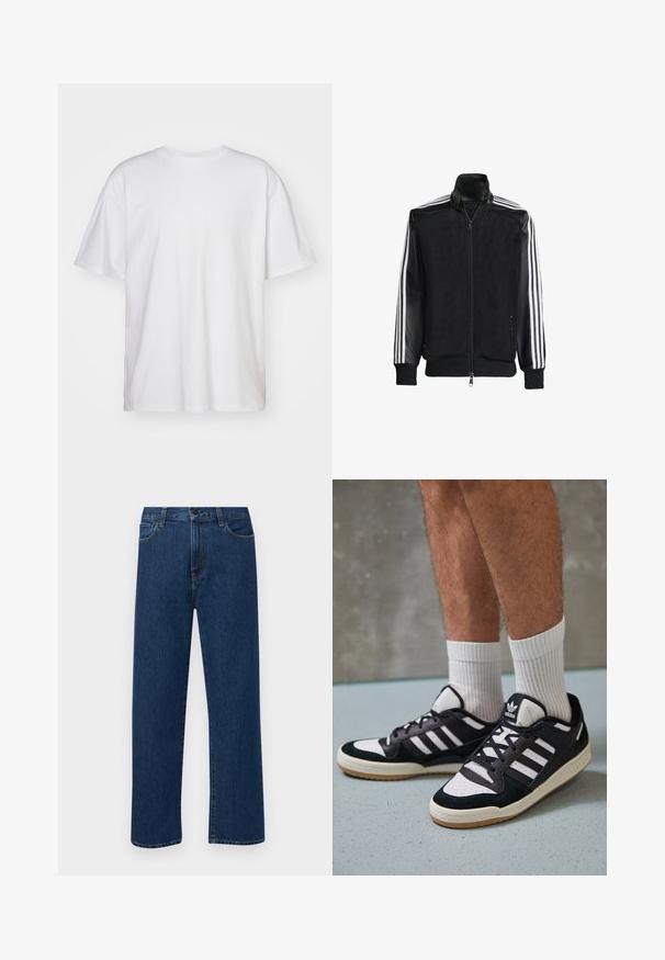 Fekete hálós dzseki, elöl cipzárral, amelynek egyszínű fekete ujjai és három fehér csíkja van a karokon. Rugalmas mandzsetták és derék.; Carhartt WIP DUSTER SCRIPT - Basic póló - white; Sötétkék, egyenes szárú farmernadrág, elülső zsebekkel és gombos záródással, sima fehér háttéren bemutatva.; Fekete-fehér tornacipők velúr és bőr felsőrésszel, három fehér csíkkal, perforált orral és gumi talppal.