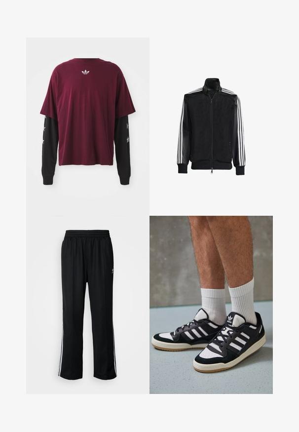 Svart mesh-jakke med glidelås foran, med solide svarte ermer og tre hvite striper langs armene. Ribbestrikkede mansjetter og nederkant.; Burgunderfarget kortermet skjorte lagd over sorte langermede skjorter, med et teksturert logo på ryggen og stjernemønstre på ermene.; Sorte treningsbukser med elastisk midjebånd, med hvite sidestiper og en liten logo. Materialet ser mykt og lett ut.; Sorte og hvite sneakers med overdel i semsket skinn og lær, med tre hvite striper, perforert tå og en såle av gummi.