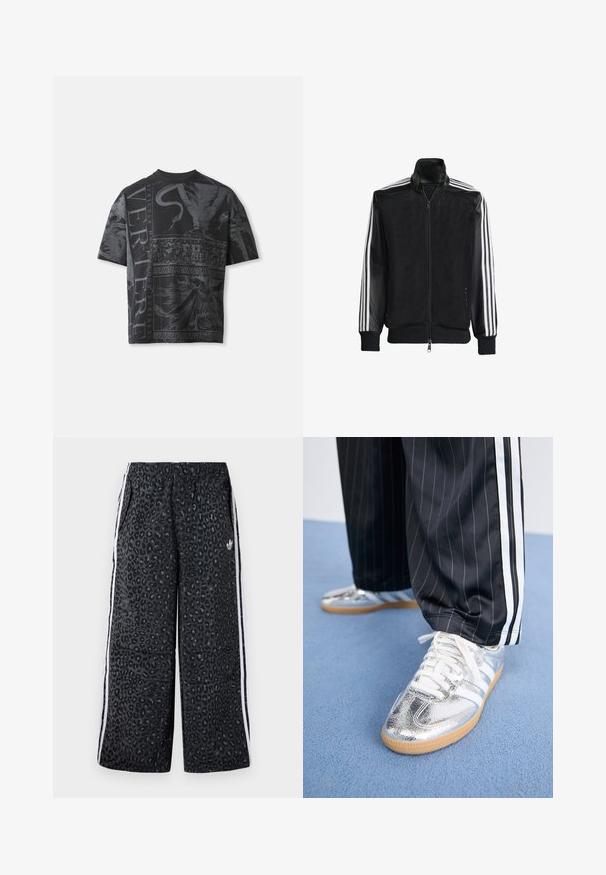 Jaqueta de malha preta com fecho zip, apresentando mangas pretas sólidas e três riscas brancas ao longo dos braços. Punhos e bainha canelados.; T-shirt oversized preto com intrincados designs gráficos cinzas, incluindo representações de figuras e elementos decorativos. Decote redondo, mangas curtas.; adidas Originals GRAPHIC UNISEX - Calças de fato de treino - black; Ténis prateados metálicos com atacadores brancos e três riscas brancas, combinados com calças pretas risca de giz. Sola de borracha destacada na parte inferior.