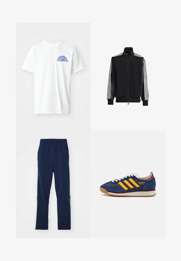 Melna režģa jakas ar rāvējslēdzēja priekšpusi, kam ir viendabīgas melnas piedurknes un trīs baltas svītras gar rokām. Ribota aproce un apakša.; Balta kokvilnas T-krekls ar īsām piedurknēm, ar zilu grafiku kreisajā krūšu daļā. Vienkāršs oktauma dizains.; Jūras spēku treniņbikses, kas izgatavotas no stiept auduma, ar plašu elastīgu jostasvietu, taisnu piegriezumu un gaišiem sānu paneļiem ar logotipiem.; Jūras spēku zilo zamšveida čību ar dzeltenām svītrām, baltām auklām un bordo akcentiem. Reljefs zole ar rievojumu, lai nodrošinātu saķeri. Zīmola logo sānu daļā.