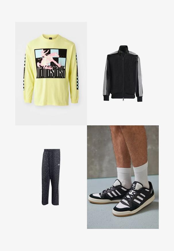 Black mesh jacket with a zip front, featuring solid black sleeves and three white stripes along the arms. Ribbed cuffs and hem.; Long-sleeve, bright yellow cotton t-shirt features a large black graphic with a pink cowboy on a horse and checkerboard patterns on the sleeves.; Black athletic pants with a leopard print pattern, featuring a white three-stripe design and an athletic brand logo on the side.; Black and white sneakers with a suede and leather upper, featuring three white stripes, a perforated toe, and a gum rubber sole.