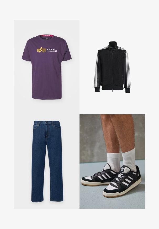 Sort meshjakke med lynlås foran, med ensfarvede sorte ærmer og tre hvide striber langs armene. Ribbet manchetter og kant.; Lilla bomulds t-shirt med et gult "A" logo og teksten "ALPHA INDUSTRIES" i hvid. Korte ærmer og rundt halsudskæring.; Mørkeblå straight-leg denim jeans med forhåndslommer og knaplukning, vist på en ensfarvet hvid baggrund.; Sorte og hvide sneakers med en overdel i ruskind og læder, der har tre hvide striber, en perforeret tå og en sål i gummigummi.