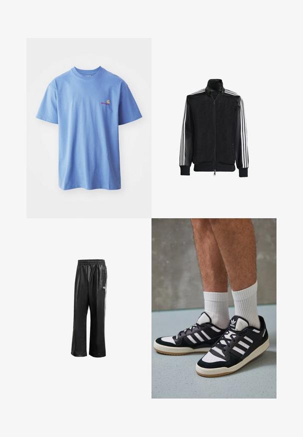 Juodas permatomas džemperis su užtrauktuku priekyje, turintis vientisas juodas rankoves ir tris baltas juostas ant rankų. Raukšlėtos rankogaliai ir apatinė dalis.; Šviesiai mėlynas medvilninis marškinėliai su trumpomis rankovėmis ir apvaliu iškirpimu. Pasižymi mažuoju oranžiniu ir raudonu logotipu kairėje krūtinės pusėje.; Juodos sintetinių medžiagų treniruočių kelnės su elastingu juosmeniu, su baltomis šoninėmis juostelėmis ir mažuoju baltu logotipu kairėje klubo pusėje.; Juodos ir baltos sportinės bateliai su zomšiniu ir odiniu viršumi, su trimis baltomis juostelėmis, perforuota koja ir guminėmis padais.