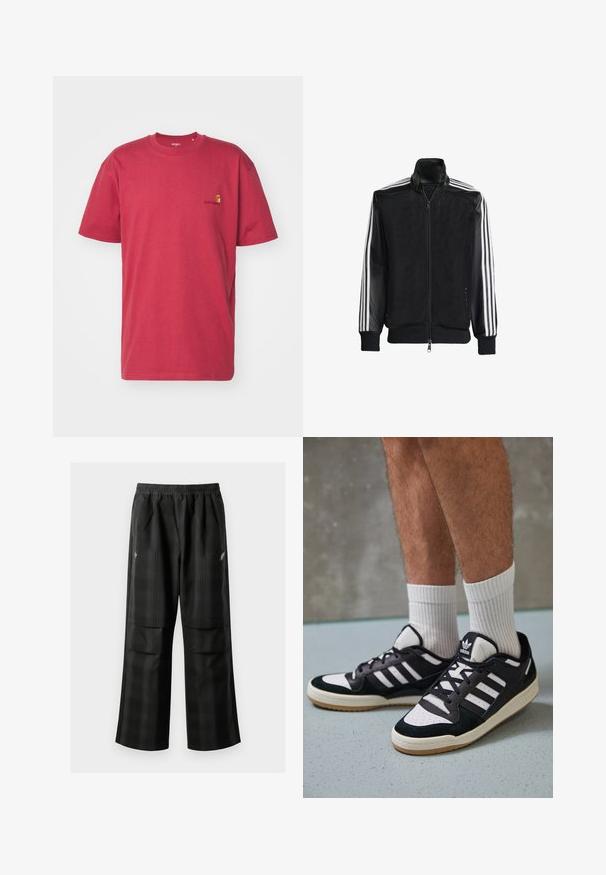 Schwarze Mesh-Jacke mit Reißverschluss vorne, die aus einem einfarbigen schwarzen Ärmeln und drei weißen Streifen an den Armen besteht. Gerippte Bündchen und Saum.; Carhartt WIP AMERICAN SCRIPT - T-Shirt basic - tuscany; Schwarze karierte Hosen mit elastischem Bund, zwei Fronttaschen und lockerer Passform im geraden Beinschnitt. Hergestellt aus leichtem Material.; Schwarz-weiße Sneaker mit einem Obermaterial aus Wildleder und Leder, ausgestattet mit drei weißen Streifen, einer perforierten Zehenpartie und einer Sohle aus Gummi.