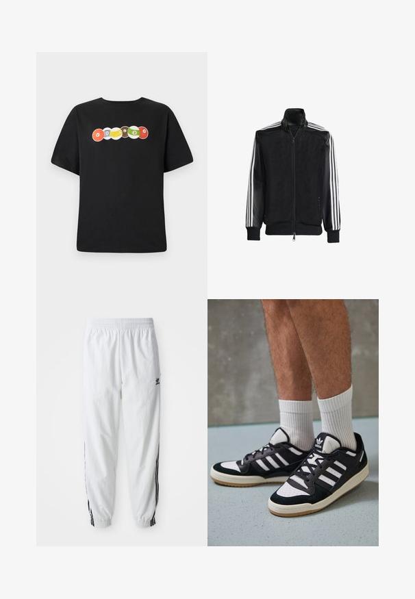 Veste en maille noire avec fermeture éclair à l'avant, présentant des manches noires unies et trois rayures blanches le long des bras. Poignets et ourlet côtelés.; T-shirt noir à col ras du cou, ornée d'un graphique multicolore de boules de billard et du mot "VOLCOM" sur la poitrine.; Pantalon de sport blanc avec des bandes noires sur les côtés, taille élastique et bords-côtes ; présente le logo Adidas sur la cuisse gauche. Texture de tissu lisse.; Baskets noir et blanc avec une tige en suède et cuir, comportant trois rayures blanches, un bout perforé et une semelle en caoutchouc gum.