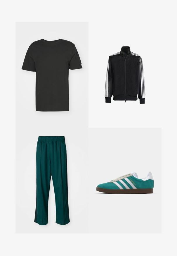 Jaqueta de malha preta com fecho zip, apresentando mangas pretas sólidas e três riscas brancas ao longo dos braços. Punhos e bainha canelados.; T-shirt preta feita de algodão macio, com mangas curtas e decote redondo. Design simples com um pequeno logótipo na manga esquerda.; Calças de desporto verde-escuras com uma cintura elástica, design de perna reta e riscas pretas de lado. Feitas de um tecido macio e elástico.; adidas Originals ADIDAS GAZELLE SHOES - Botas de futebol de salão - liverpool fc/sea green/footwear white