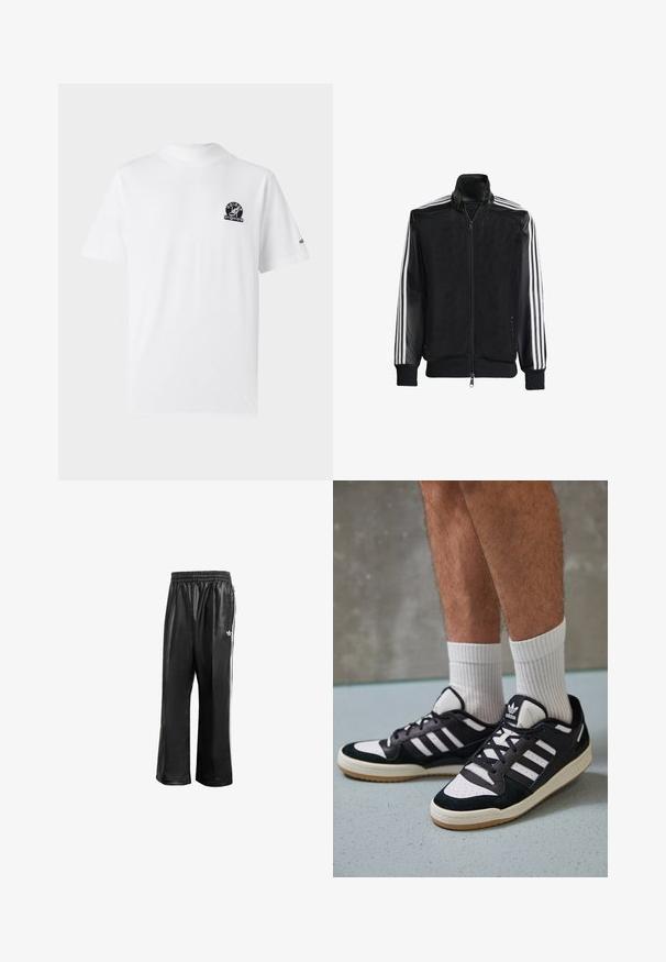 Fekete hálós dzseki, elöl cipzárral, amelynek egyszínű fekete ujjai és három fehér csíkja van a karokon. Rugalmas mandzsetták és derék.; Fehér pamut póló rövid ujjakkal. Fekete logó található a bal mellen és egy kis logó a jobb ujján. Klasszikus szabású.; Fekete szintetikus tréningnadrág elasztikus derékkal, fehér oldalcsíkokkal és egy kis fehér logóval a bal csípőn.; Fekete-fehér tornacipők velúr és bőr felsőrésszel, három fehér csíkkal, perforált orral és gumi talppal.