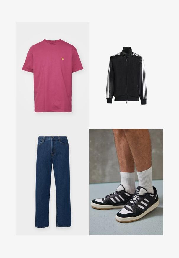 Zwarte maillotjas met een rits aan de voorkant, met stevige zwarte mouwen en drie witte strepen langs de armen. Geribbelde manchetten en zoom.; Carhartt WIP CHASE - T-shirt basic - dusty fuchsia/gold; Donkerblauwe rechte denim jeans met frontzakken en een knoopsluiting, weergegeven op een effen witte achtergrond.; Zwart-witte sneakers met een bovenwerk van suede en leer, voorzien van drie witte strepen, een geperforeerde neus en een rubberen gumzool.