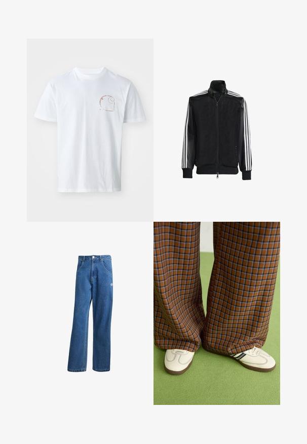 Veste en maille noire avec fermeture éclair à l'avant, présentant des manches noires unies et trois rayures blanches le long des bras. Poignets et ourlet côtelés.; T-shirt en coton blanc avec un petit logo en spirale marron sur la poitrine gauche, à manches courtes et avec un col rond.; Jean en denim bleu taille haute, jambes larges, avec poches avant, passants de ceinture, fermeture à bouton et petit logo Adidas sur la cuisse droite.; Un pantalon large à carreaux marron et bleu associé à des chaussures blanches avec des accents noirs et des semelles texturées, le tout sur fond vert.