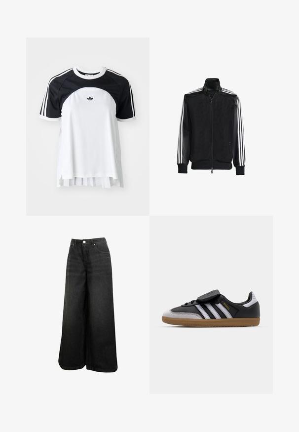 Svart mesh-jakke med glidelås foran, med solide svarte ermer og tre hvite striper langs armene. Ribbestrikkede mansjetter og nederkant.; Kortermet t-skjorte med svart overdel og hvit kropp, med tre striper på skuldrene og en plissert underkant. Adidas-logo på brystet.; Sorte vidde denim jeans med høy midje, frontknapp, lommer og subtilt logo på frontlommen.; Svart lær og grå semsket sneakers med hvite striper, gummisåle, snøring foran, og borrelås. Har "Samba" merke i gull.